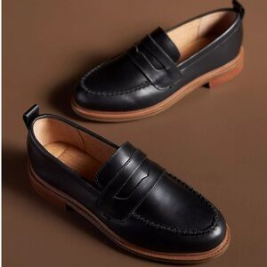 Kelsi Dagger Black Leather Penny Loafers